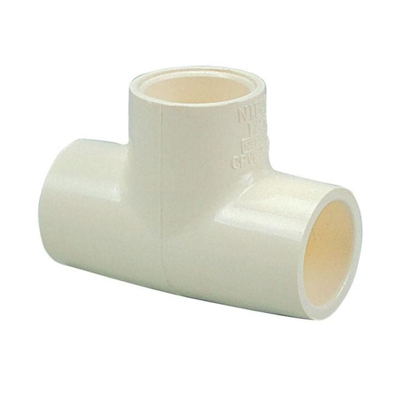 The Go Build 3/4 in. CPVC-CTS All Slip Tee Fitting is a white plastic T-shaped fitting with three open ends, ideal for plumbing or irrigation systems, made from durable FlowGuard Gold resin.